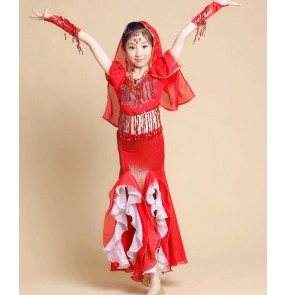 Fuchsia hot pink red  yellow gold girls kid child chilren belly dance Indian dance Egypt dance costumes sets 